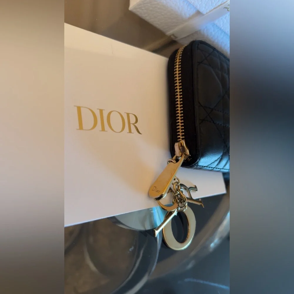 Dior Large Lady Dior Voyageur Black Quilted Lambskin Wallet with Gold Charm